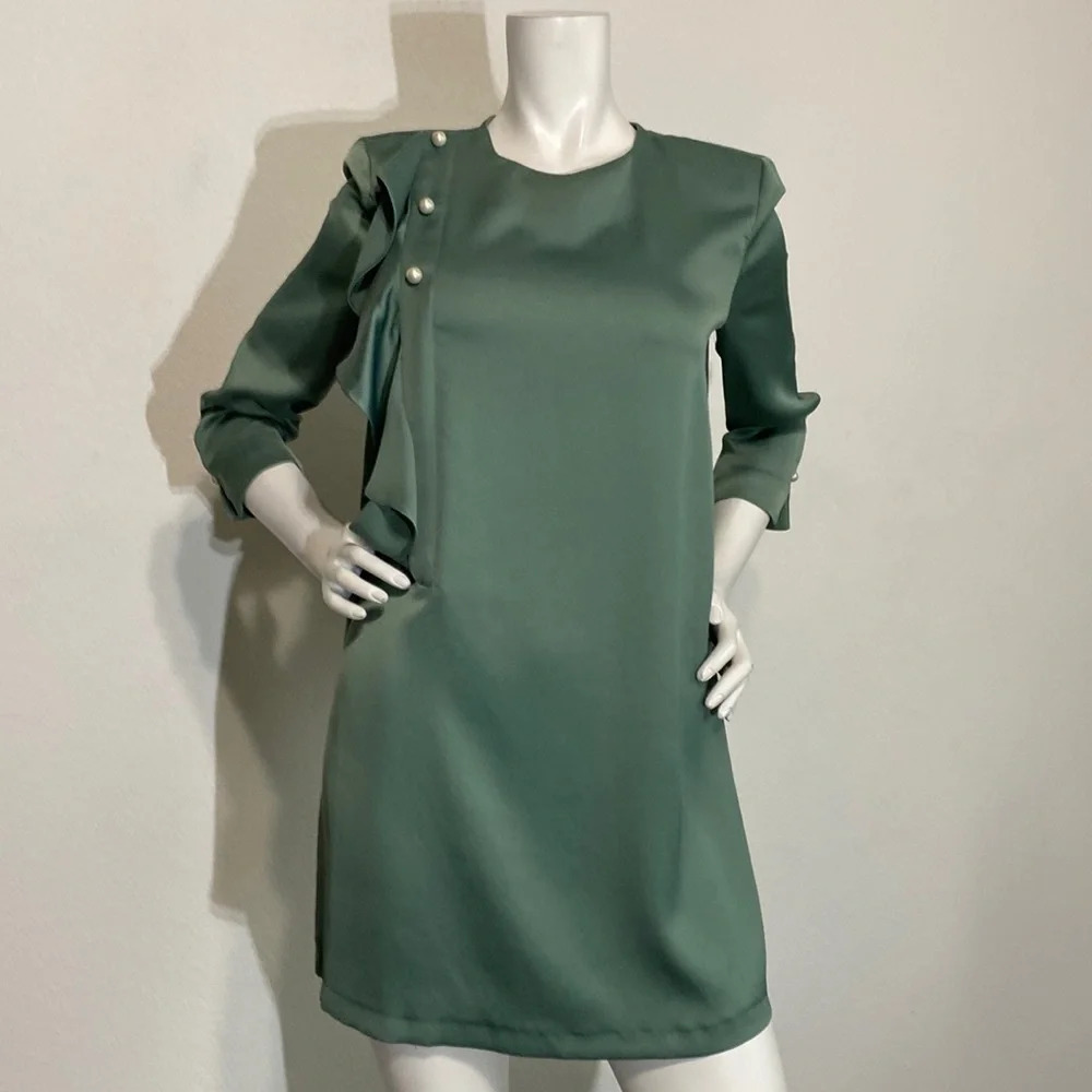 Zara Green Mini Dress with Ruffle Detail - Picture 3 of 10